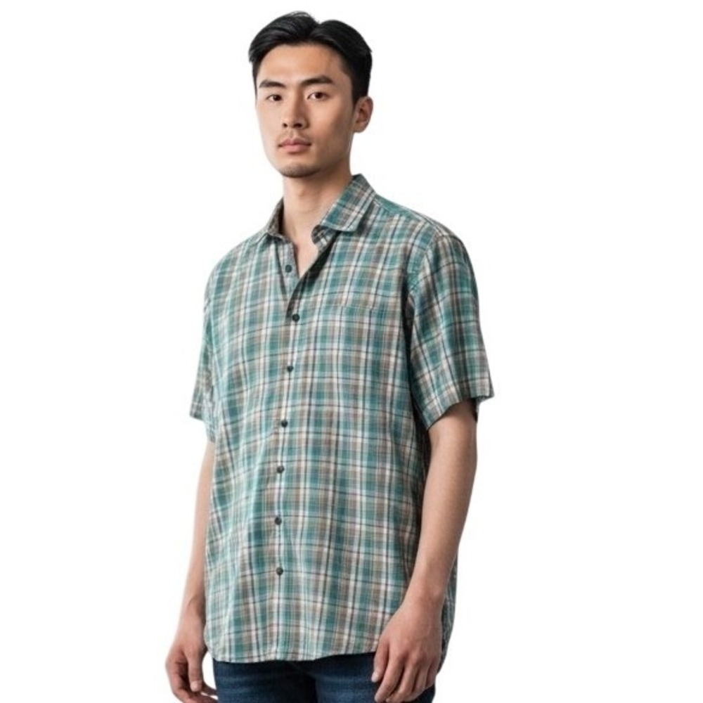 Paul Smith Green Teal Grey Plaid Short Sleeve Button Down Shirt Casual Basic - M